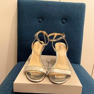 Nine West Women's High Heel Sandals Ankle Strap, Metallic Mirror Silver